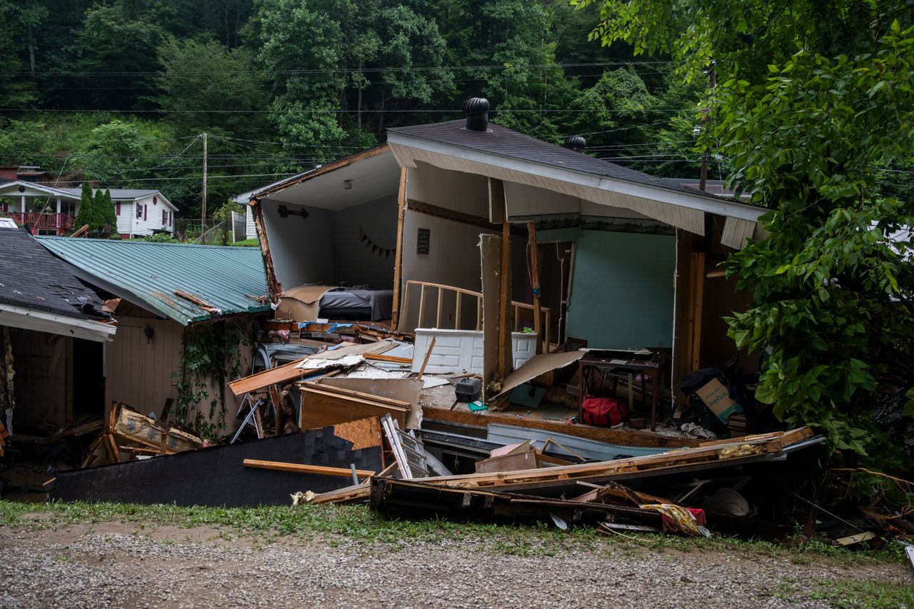 A home along KY-28 was moved off its foundation by the floodwaters in Chavies, Kentucky, on July 29, 2022.