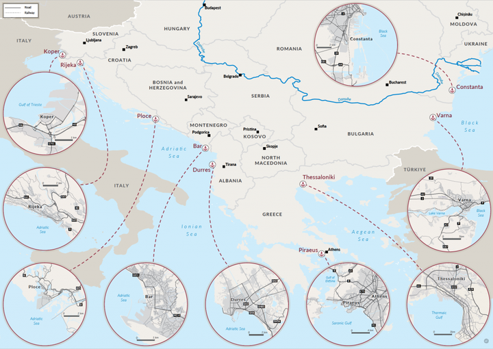 Ο χάρτης δείχνει τα λιμάνια (στην Αλβανία, τη Βουλγαρία, την Κροατία, την Ελλάδα, το Μαυροβούνιο, τη Ρουμανία και τη Σλοβενία) που αποτελούν τη βάση της ανάλυσης αυτής της μελέτης. Αυτοί οι λιμένες επιλέχθηκαν για να παρέχουν μια επισκόπηση των διαφόρων τύπων λιμένων (με βάση το μέγεθος, την ιδιοκτησία, την τοποθεσία και το ιστορικό των κατασχέσεων) και να αξιολογήσουν την ευπάθειά τους στο οργανωμένο έγκλημα.