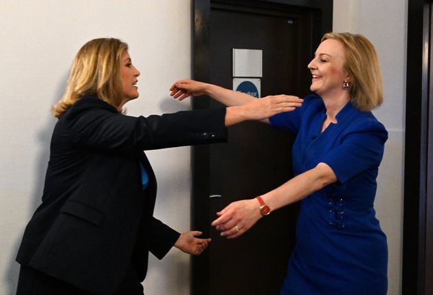 Penny Mordaunt greets Liz Truss ahead of the second Conservative party membership hustings with Rishi Sunak in Exeter.