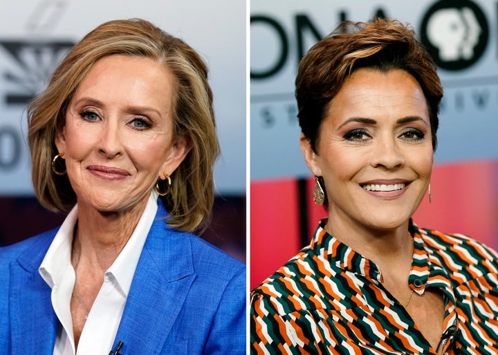 In the Arizona governor’s race, Trump has backed former television news anchor Kari Lake, right, who has said that she would not have certified Arizona’s election results in 2020. Lake faces businesswoman Karrin Taylor Robson, left, who is endorsed by former Vice President Mike Pence and outgoing Gov. Doug Ducey.