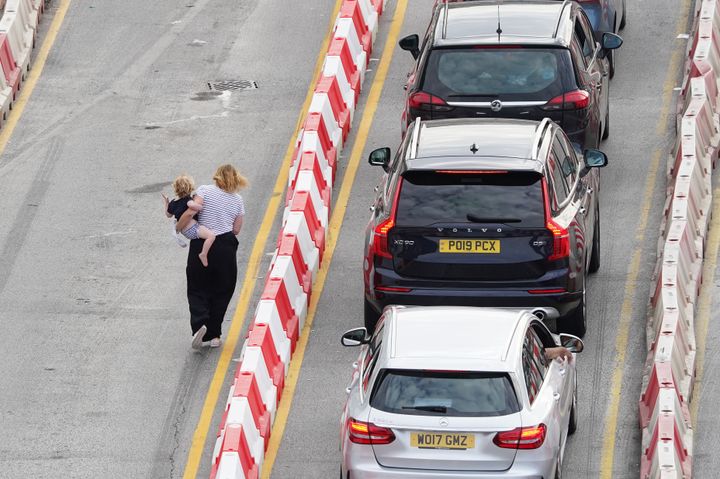 Cars queue to enter the Port of Dover as families embark on summer getaways following the start of holidays.