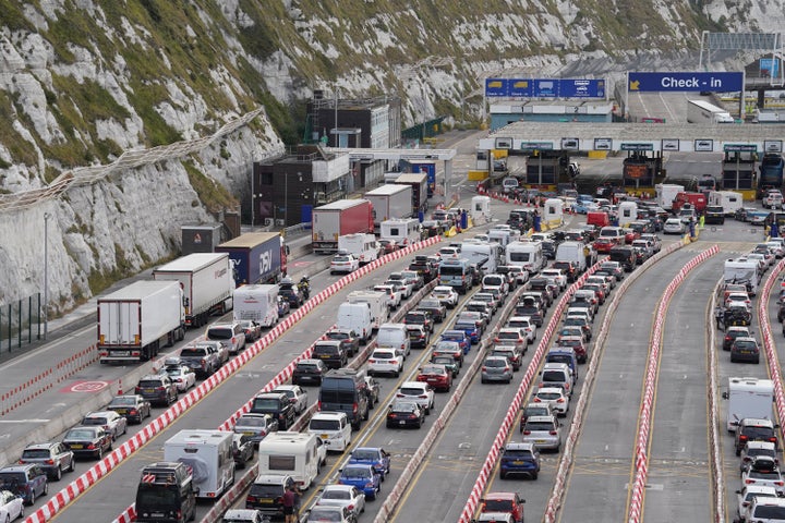 Cars queue to enter the Port of Dover in Kent.