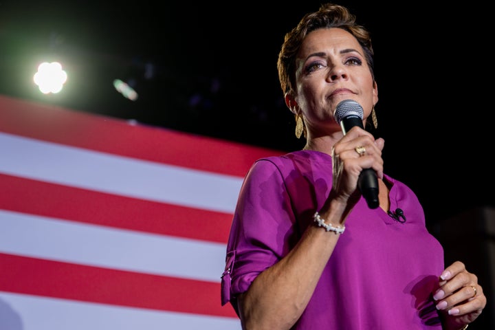 Republican gubernatorial candidate Kari Lake speaks to supporters during a campaign event at the Whiskey Roads Restaurant & Bar on July 31 in Tucson, Arizona.