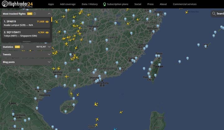 H απεικόνιση της πτήσης SPAR19, που εικάζεται ότι μεταφέρει τη Νάνσι Πελόζι αυτή την ώρα με προορισμό την πρωτεύουσα της Ταϊβάν, Ταϊπέι. Οπως χαρακτηριστικά σημειώνεται πάνω αριστερά στην εικόνα, πρόκειται για την «πλέον παρακολουθούμενη» πτήση τις τελευταίες ώρες. 