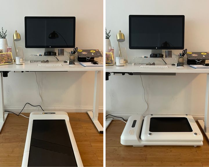 Left: The treadmill unfolded and set up. Right: The treadmill folded and stored under the author's desk.