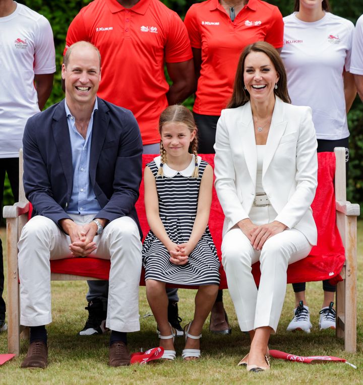 The Cambridges pose for a group photograph during a visit to SportsAid House at the 2022 Commonwealth Games on Aug. 2, 2022 in Birmingham, England.