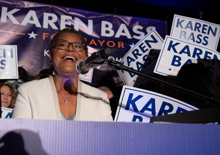 FILE - Rep. Karen Bass, D-Calif., speaks during her election night party on June 7, 2022, in Los Angeles. President Joe Biden and Vice President Kamala Harris jointly endorsed Karen Bass on Tuesday, Aug. 2, 2022, to become the next mayor of Los Angeles, providing a boost to her campaign against billionaire developer Rick Caruso. (AP Photo/John McCoy, File)
