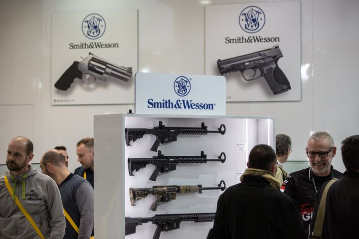 Smith & Wesson guns are seen on display at a 2018 gun show.