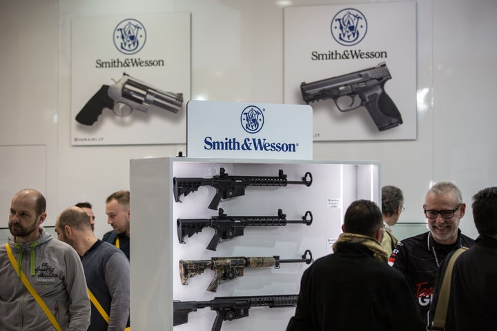 Smith & Wesson guns are seen connected show astatine a 2018 weapon show.
