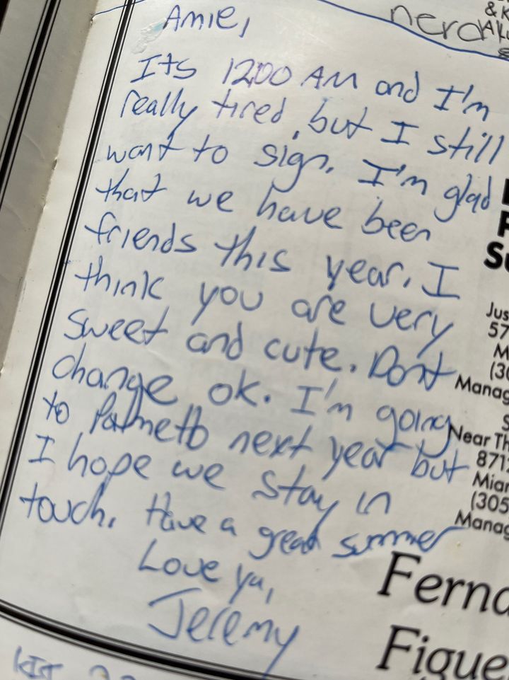 The message Jeremy wrote in the author's seventh grade yearbook.