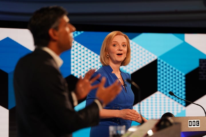 <strong>Rishi Sunak and Liz Truss taking part in the BBC Tory leadership debate.</strong>
