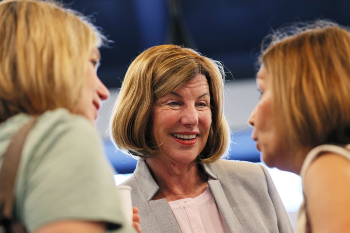 Democratic U.S. Senate candidate Trudy Busch Valentine speaks with supporters at the St. Louis' Kingside Diner on Monday. Busch Valentine was facing Lucas Kunce, a Marine veteran, in the primary.