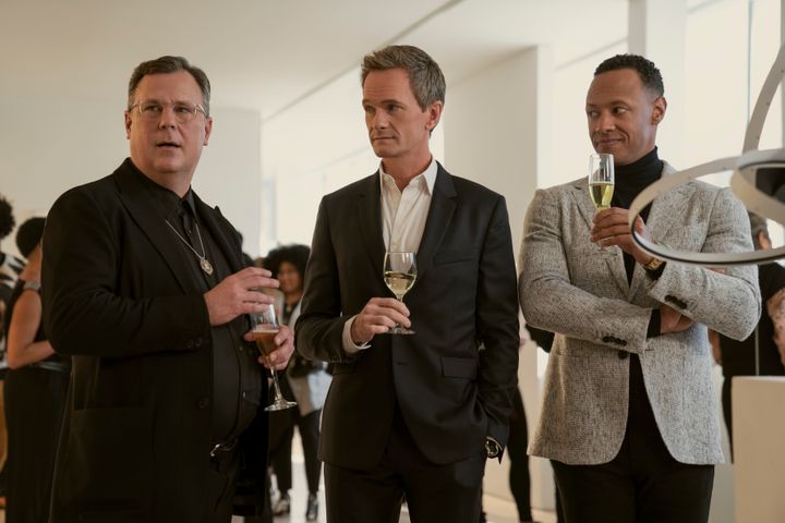 The recently  azygous  Michael (Harris, center) calls connected  pals Stanley (Brooks Ashmanskas) and Billy (Emerson Brooks) to assistance   him navigate a dating satellite   that's go  dominated by telephone  apps. 