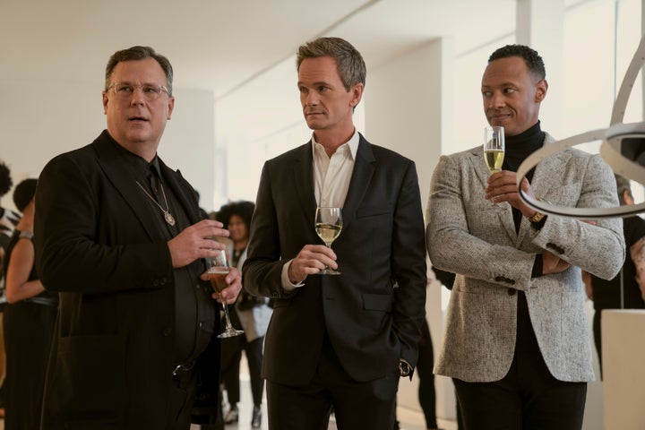 The newly single Michael (Harris, center) calls on pals Stanley (Brooks Ashmanskas) and Billy (Emerson Brooks) to help him navigate a dating world that's become dominated by phone apps.