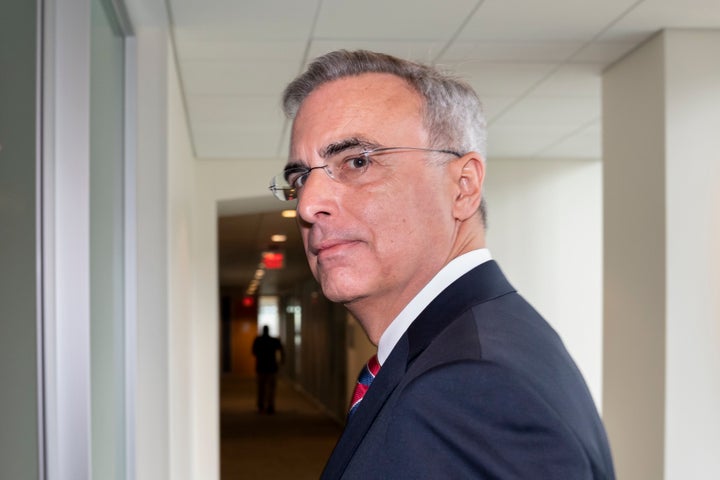 Pat Cipollone, the former White House counsel under President Donald Trump, arrives in an interview room at the O'Neill House office building to answer questions from investigators with the January 6 House Select Committee on July 8.