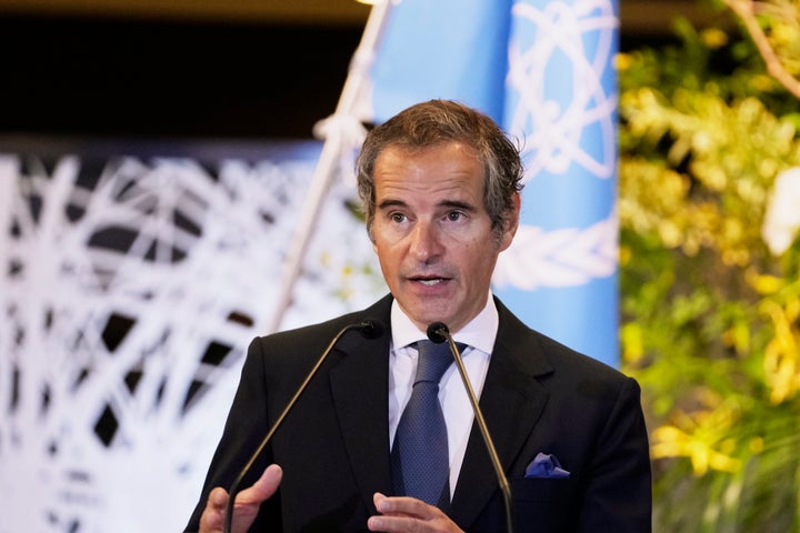 Rafael Grossi, director general of the International Atomic Energy Agency, speaks as Japanese Foreign Minister Yoshimasa Hayashi listens during a press conference at the Iikura Guesthouse in Tokyo on May 19, 2022.