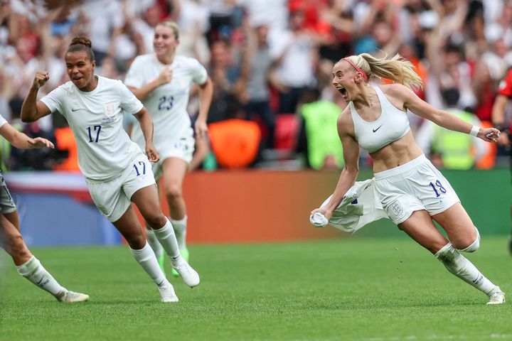 Chloe Kelly celebrating after scoring her team's second goal during the Euros final again Germany.