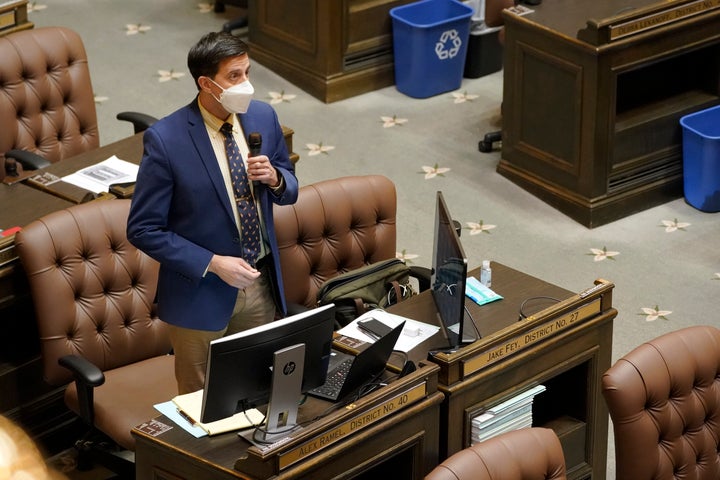 State Rep. Alex Ramel, who is facing a heated challenge from another Democrat in this election, speaks on the floor of the House at the Capitol in Olympia, Wash.