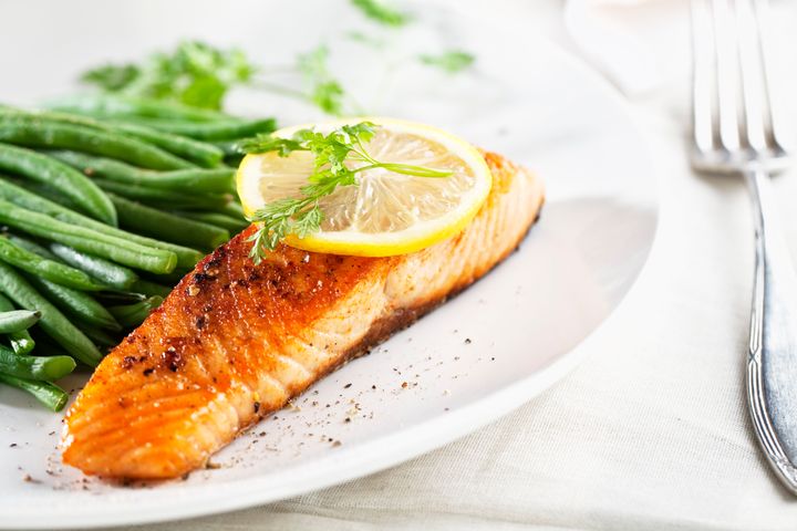 Pan-seared salmon should have perfectly crispy skin and a golden sear on the top.