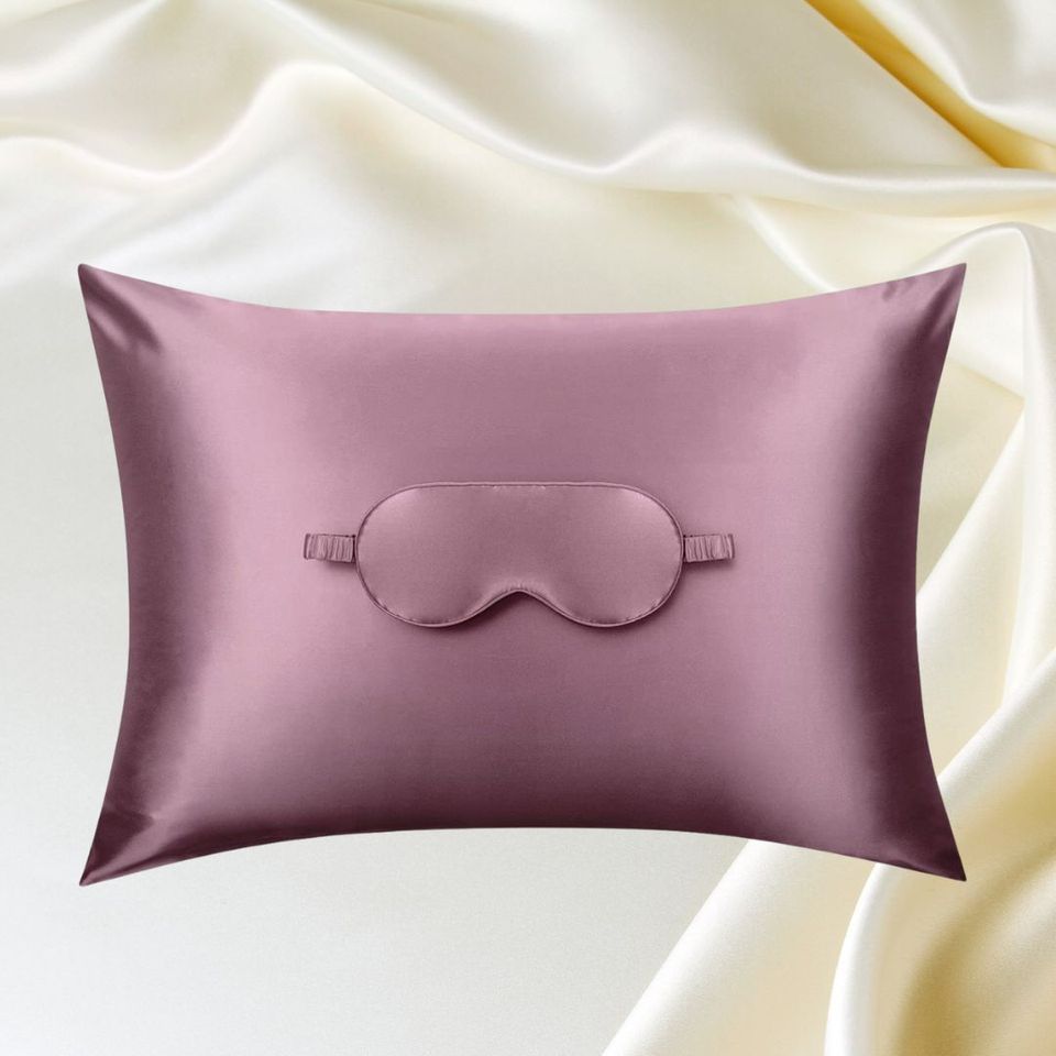 An organic 22-momme silk pillowcase and matching eye mask.