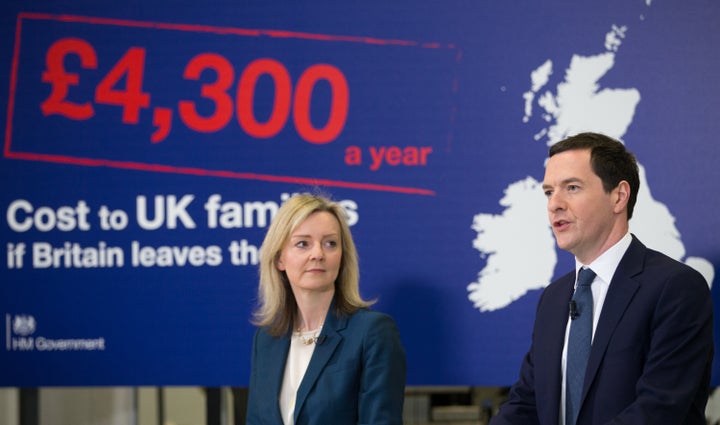 Liz Truss alongside then chancellor George Osborne at a Remain press conference two months before the 2016 referendum.