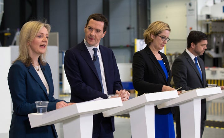 Truss speaking at a Remain press conference with then chancellor George Osborne and fellow cabinet members Amber Rudd and Stephen Crabb.