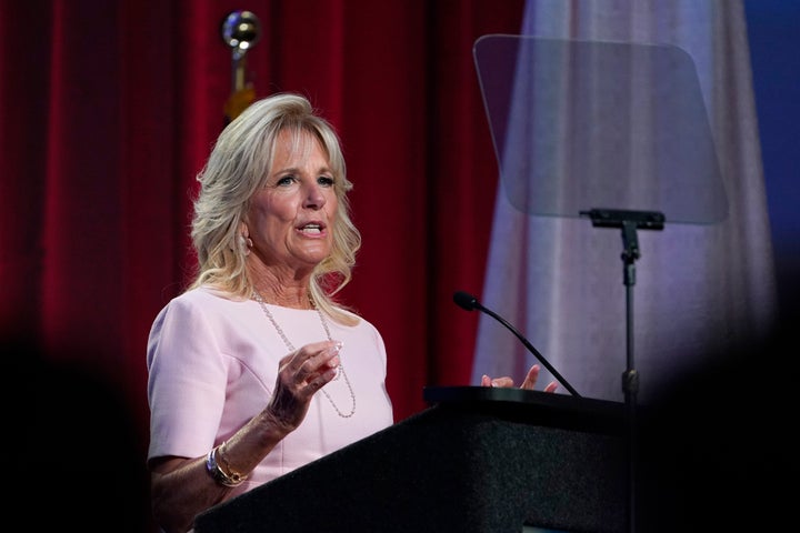 First lady Jill Biden speaks at the 125th Anniversary Convention of the National Parent Teacher Association (PTA) in National Harbor, Md., June 17, 2022.