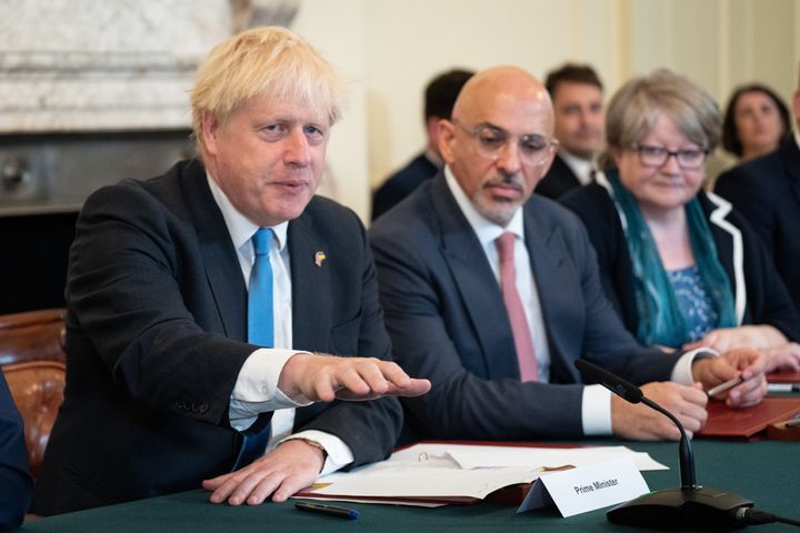 Prime minister Boris Johnson, chancellor of the exchequer Nadhim Zahawi, and work and pensions secretary Therese Coffey, during a cabinet meeting at 10 Downing Street.