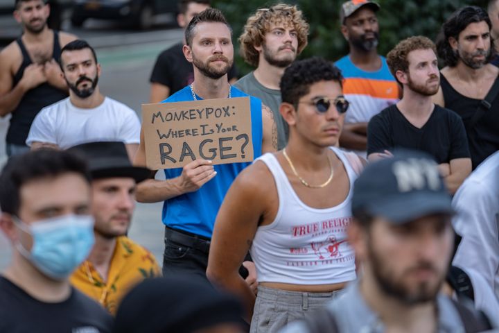 The author (center, in blue shirt) seen at a July 21 demonstration in New York City, calling for government action to combat the spread of monkeypox.