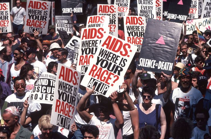An ACT UP demonstration at the 25th annual Gay Pride Parade in New York City on June 26, 1994. Many demonstrators carried a sign reading "AIDS: Where is your rage?" -- which would inspire the author's monkeypox sign in 2022.
