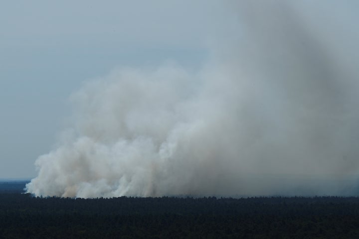 Smoke rises up above the Grunewald forest due to an explosion in a munitions depot in the Grunewald forest in Berlin, Germany August 4, 2022. REUTERS/Annegret Hilse