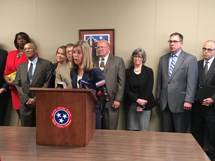 Shelby County district attorney Amy Weirich discusses the dismissal of disciplinary charges against her during a news conference on Monday, March 20, 2017 in Memphis, Tenn. (AP Photo/Adrian Sainz)