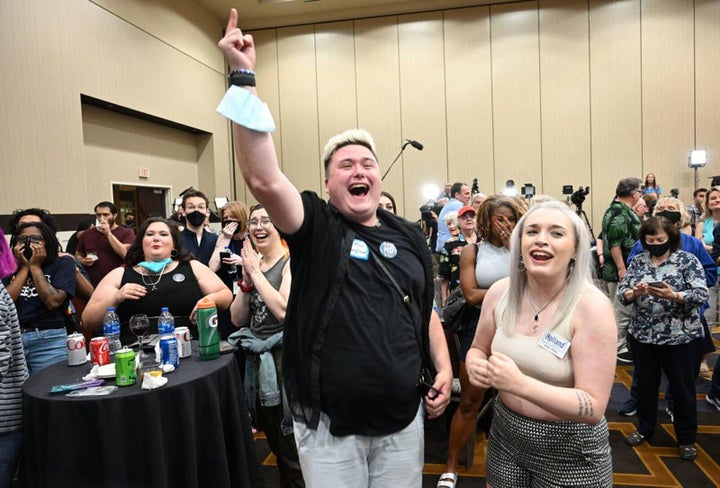 Abortion rights supporters cheer on Aug. 2 in Overland Park, Kansas, as the proposed Kansas constitutional amendment to remove the right to an abortion fails.