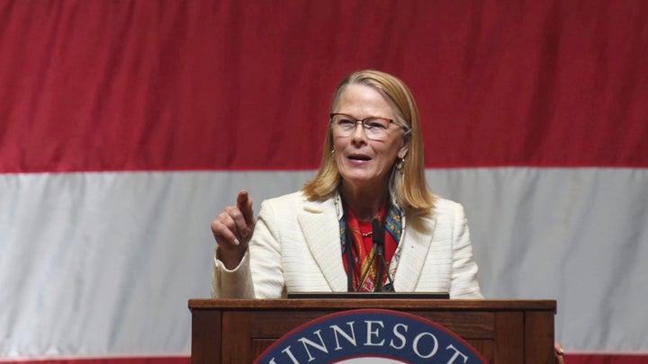 Attorney Kim Crockett addresses delegates in Rochester, Minnesota, after winning the Minnesota Republican Party's endorsement for secretary of state on May 13.