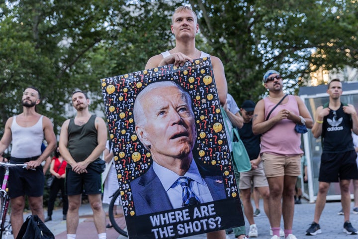 People, including activist Wyatt Harms (center), protest during a July 21 rally at New York's Foley Square calling for more government action to combat the spread of monkeypox.