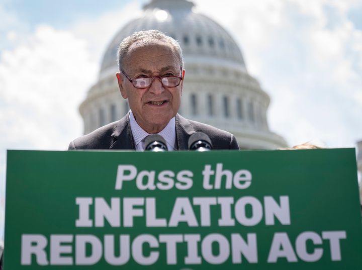 Senate Majority Leader Chuck Schumer (D-N.Y.) speaks during a news conference about the Inflation Reduction Act outside the U.S. Capitol on Thursday. The bill is expected to include three years of subsidies for Affordable Care Act premiums and some prescription drug reforms.