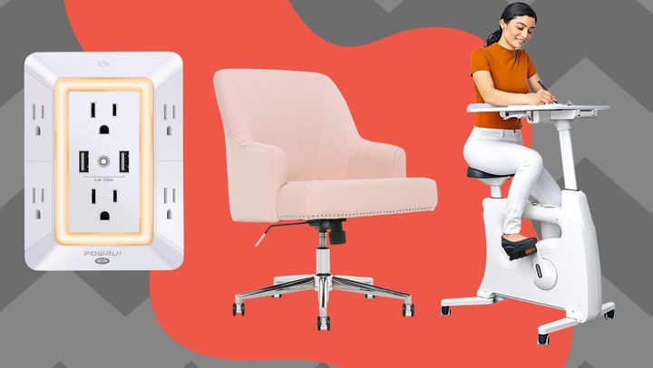Make working from home feel a little less like work with this light-up multi-plug outlet, this memory foam office chair and a desk bike. 