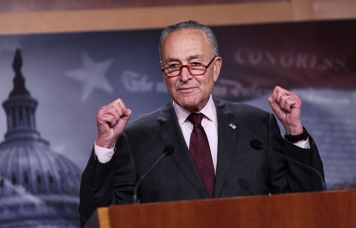 U.S. Senate Majority Leader Charles Schumer (D-NY) speaks at a press conference at the U.S. Capitol on August 05, 2022 in Washington, DC. Schumer spoke on the Inflation Reduction Act.