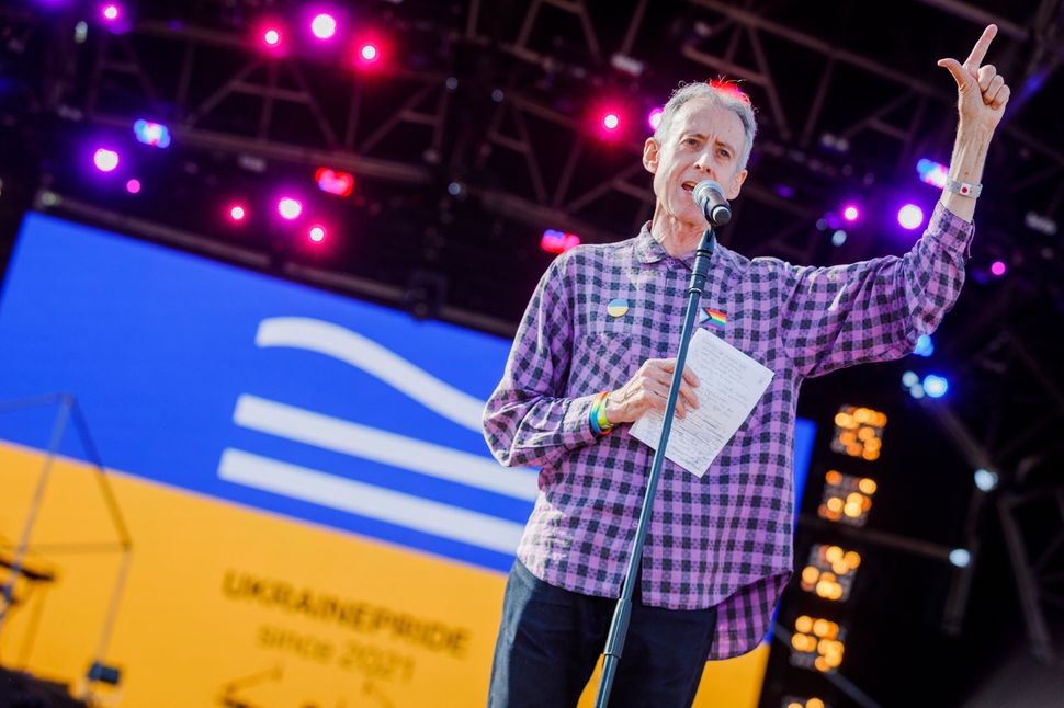 BRIGHTON, ENGLAND - AUGUST 06: Peter Tatchell makes a speech on the main stage at the 'We Are Fabuloso' festival during Brighton Pride on August 06, 2022 in Brighton, England. (Photo by Tristan Fewings/Getty Images)