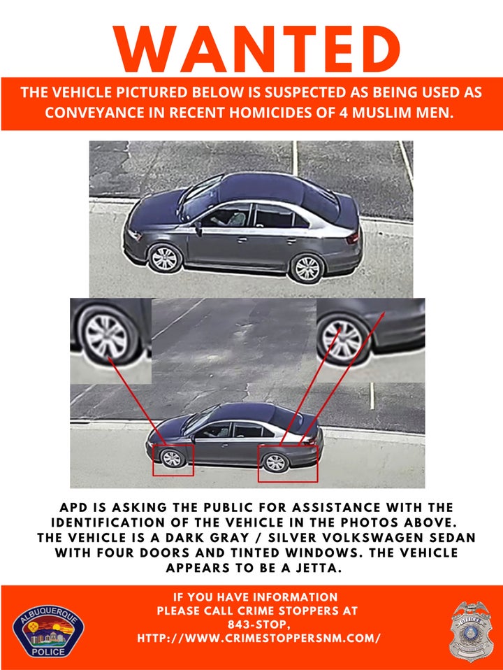 This Wanted poster released Sunday, Aug 7, 2022, by the Albuquerque Police Department shows a vehicle suspected of being used as a conveyance in the recent homicides of four Muslim men in Albuquerque, N.M. Police investigating whether the killings are connected say they need help finding the vehicle believed to be connected to the deaths. Police say the vehicle sought is a dark gray or silver, four-door Volkswagen Jetta with dark tinted windows. (Albuquerque Police Department via AP)