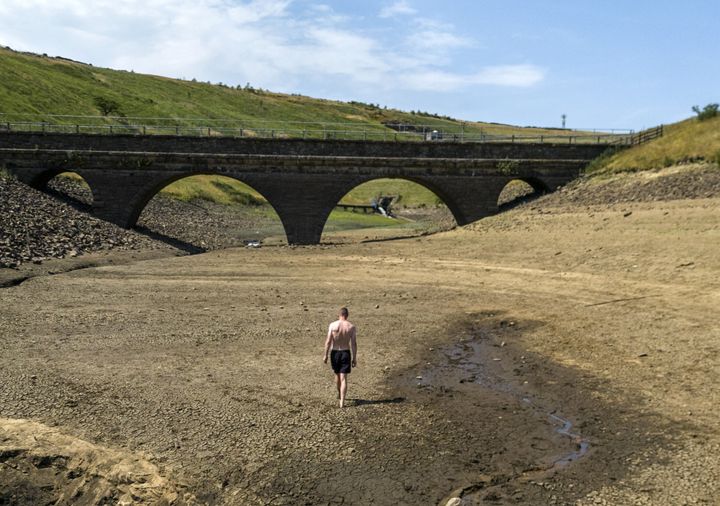 The area surrounding the Dowry Reservoir close to Oldham is dry as the heatwave in the UK continues.