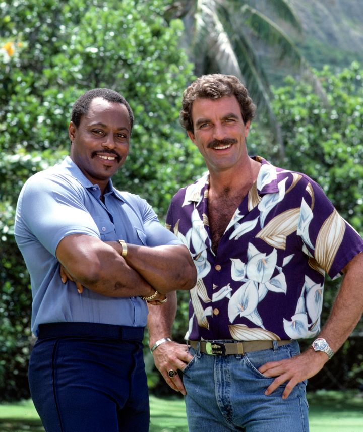 Roger E. Mosley and Tom Selleck on "Magnum P.I."