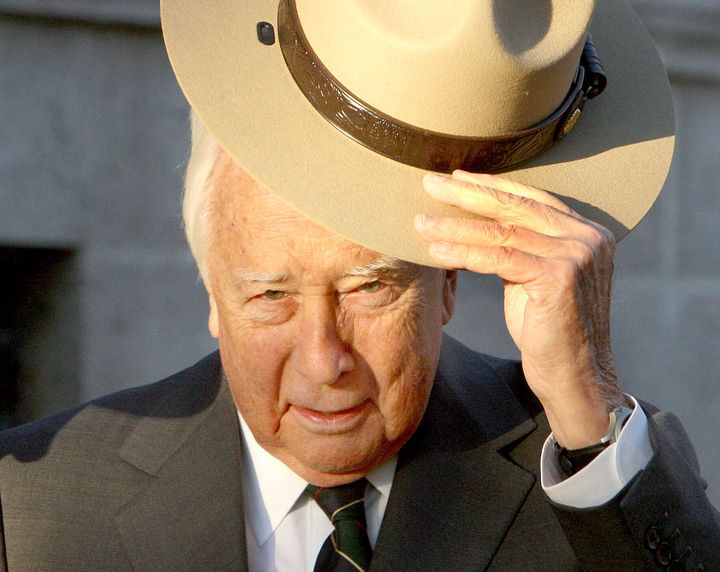 Historian and author David McCullough tips a ranger hat he received as part of the National Park Service Honorary Ranger Award he received on Boston Common in Boston on Oct. 4, 2016.