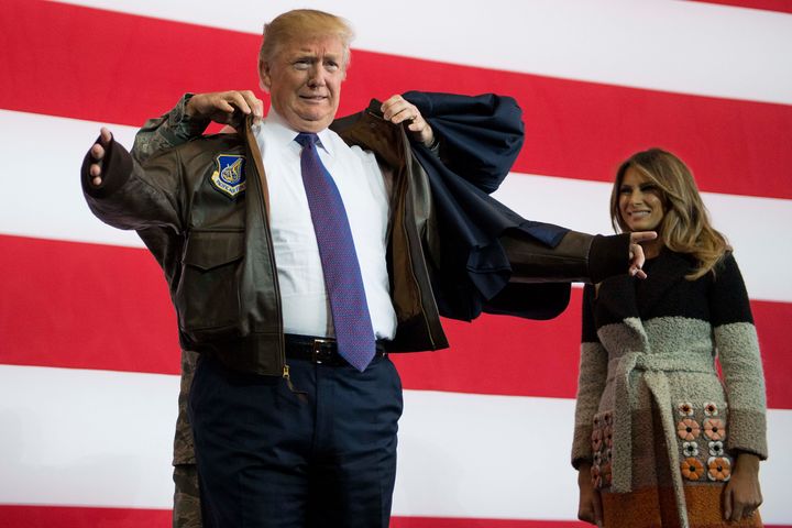 Trump receives a bomber jacket from the U.S. Pacific Air Forces in 2017.