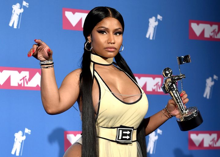 Nicki Minaj poses in the press room with her award for Best Hip-Hop Video for "Chun-Li" at the MTV Video Music Awards in 2018.