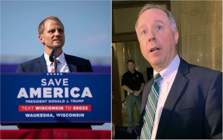 Adam Steen (left) has Trump's blessing in his bid to unseat Wisconsin state Assembly Speaker Robin Vos. Vos, who is loathed by Democrats, refused to fully comply with Trump's requests for interference in the certification of the state's election results.