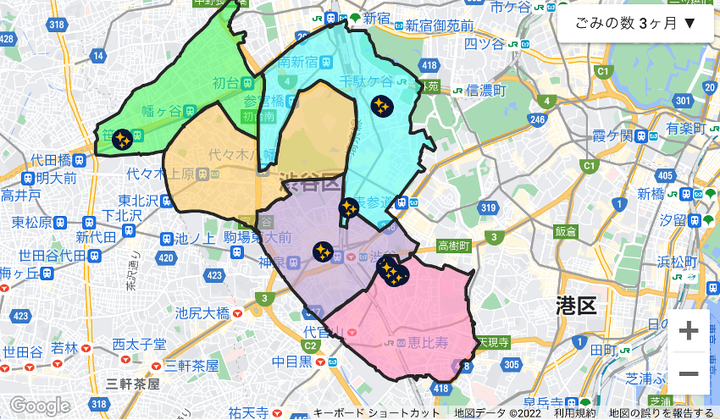 ピリカを使って見える化された、渋谷区のごみの数 