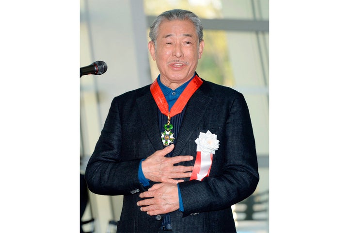 This photo shows Issey Miyake at the National Art Center in Tokyo on March 15, 2016. Japanese media reports say on Aug. 9, 2022, fashion designer Issey Miyake, reputed for his signature pleats, has died at age 84.