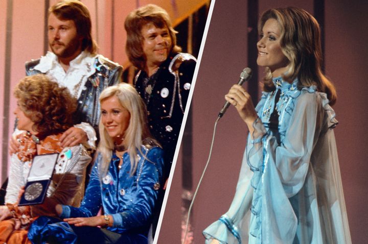 ABBA and Olivia Newton-John on stage at the Eurovision Song Contest in 1974