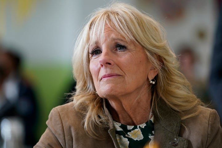 FILE - First lady Jill Biden visits with Slovak and Ukrainian mothers and their children as the families participate in a Mother's Day activity in Kosice, Slovakia, May 8, 2022. (AP Photo/Susan Walsh, Pool, File)